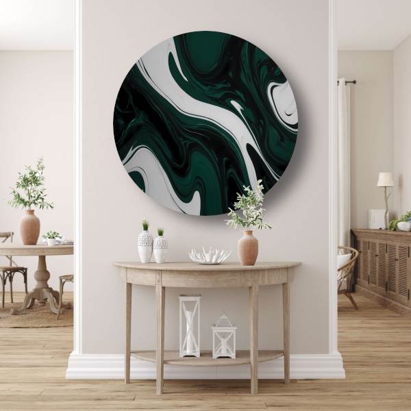 Abstracte Fluid Art in Zwart, Wit en Groen forex muurcirkel