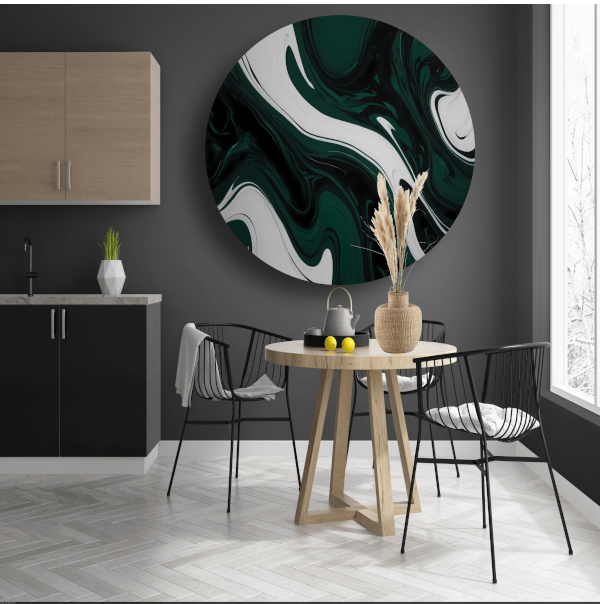 Abstracte Fluid Art in Zwart, Wit en Groen forex muurcirkel