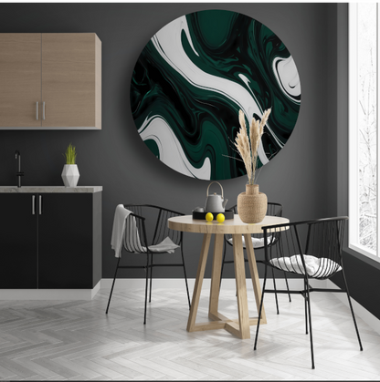 Abstracte Fluid Art in Zwart, Wit en Groen forex muurcirkel