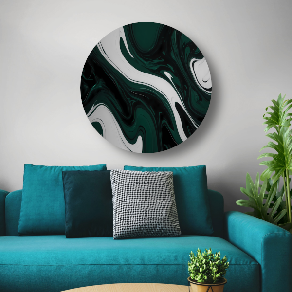Abstracte Fluid Art in Zwart, Wit en Groen forex muurcirkel