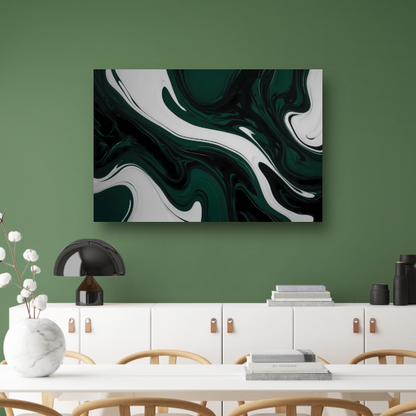 Abstracte Fluid Art in Zwart, Wit en Groen canvas met baklijst