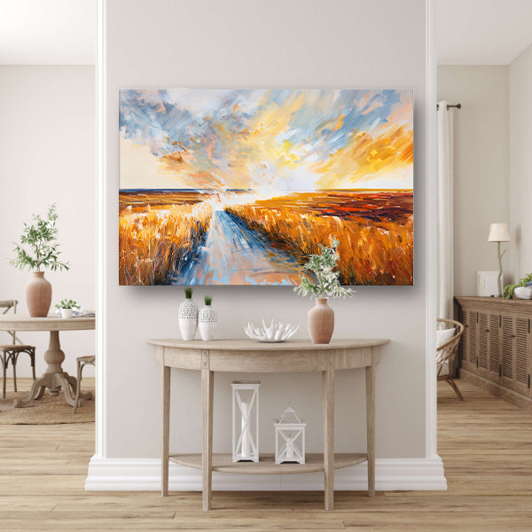 Abstract landschap met weg naar horizon canvas met baklijst