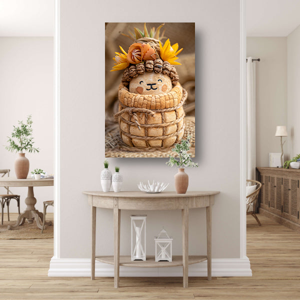 Handgemaakt beeld van leeuw met bloemenkroon canvas met baklijst