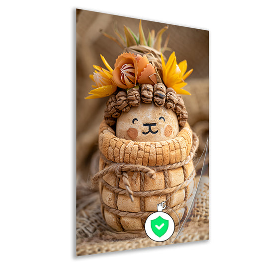 Handgemaakt beeld van leeuw met bloemenkroon poster