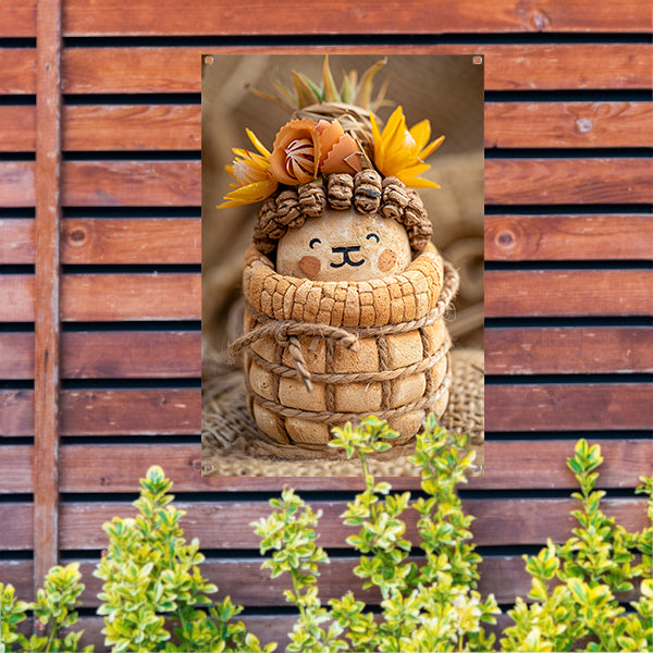 Handgemaakt beeld van leeuw met bloemenkroon tuinposter