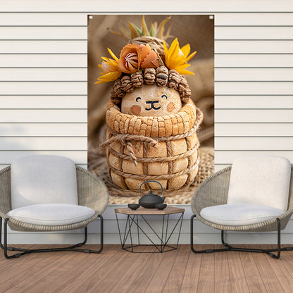 Handgemaakt beeld van leeuw met bloemenkroon tuinposter