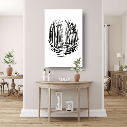 Minimalistisch rivier door bos lijntekening canvas