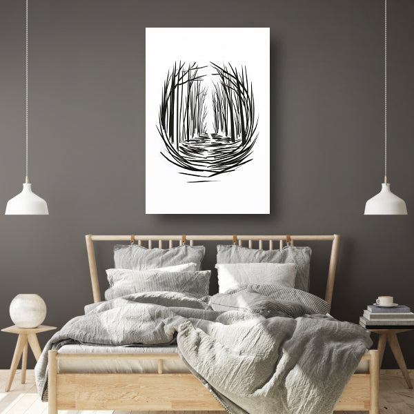 Minimalistisch rivier door bos lijntekening canvas