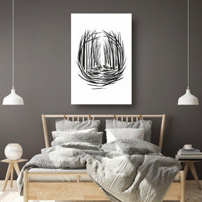 Minimalistisch rivier door bos lijntekening canvas