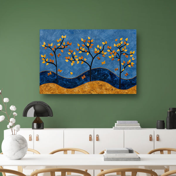 Herfstbomen op kleurrijke blauwe achtergrond canvas