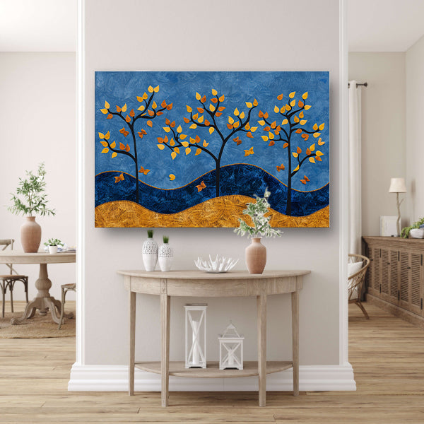Herfstbomen op kleurrijke blauwe achtergrond canvas
