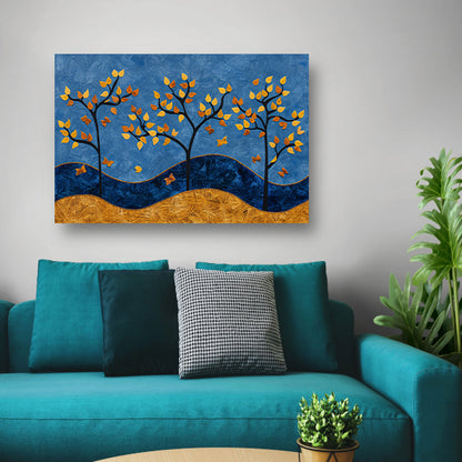 Herfstbomen op kleurrijke blauwe achtergrond canvas