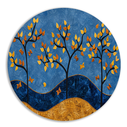 Herfstbomen op kleurrijke blauwe achtergrond aluminium muurcirkel