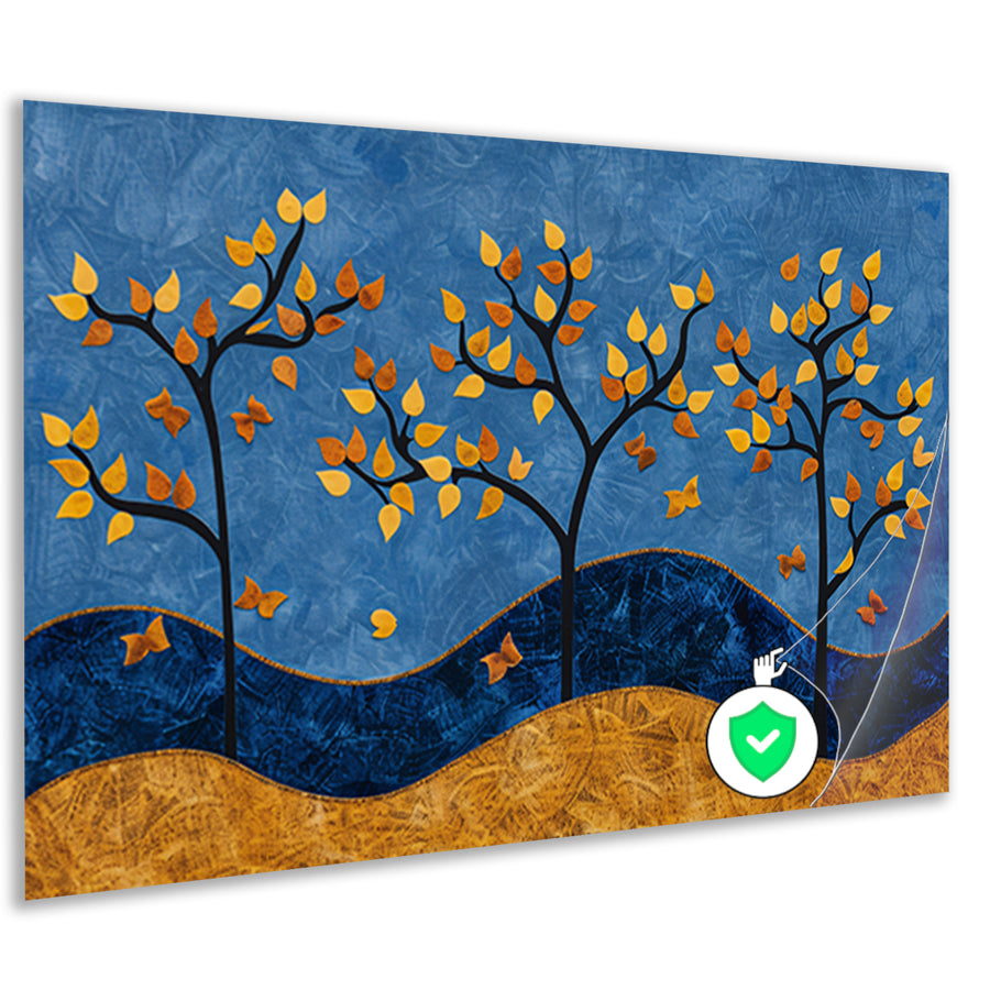 Herfstbomen op kleurrijke blauwe achtergrond poster