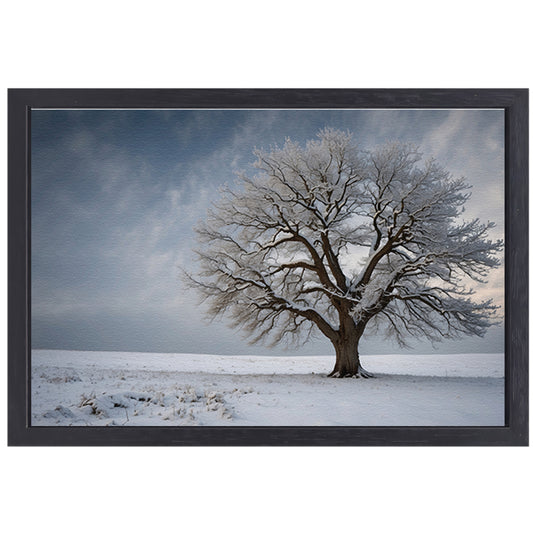 Een eenzame boom in de sneeuw canvas met baklijst
