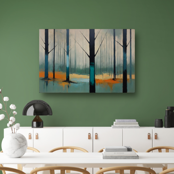 Nevelig bos met kleurrijke accenten poster