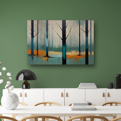 Nevelig bos met kleurrijke accenten poster