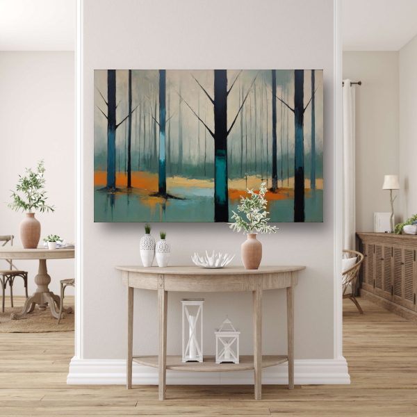 Nevelig bos met kleurrijke accenten poster