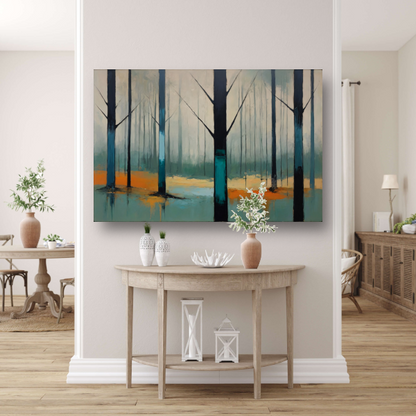 Nevelig bos met kleurrijke accenten poster