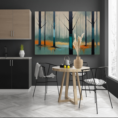 Nevelig bos met kleurrijke accenten poster