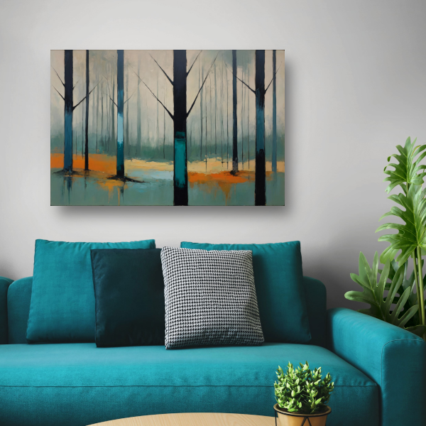 Nevelig bos met kleurrijke accenten poster