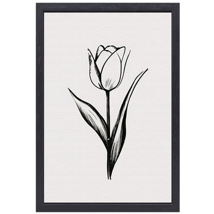 Minimalistische tulp in zwart-wit lijnenspel canvas met baklijst