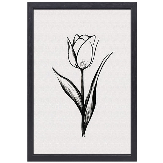 Minimalistische tulp in zwart-wit lijnenspel canvas met baklijst