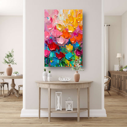 Abstract kleurrijk schilderij van bloemen canvas met baklijst