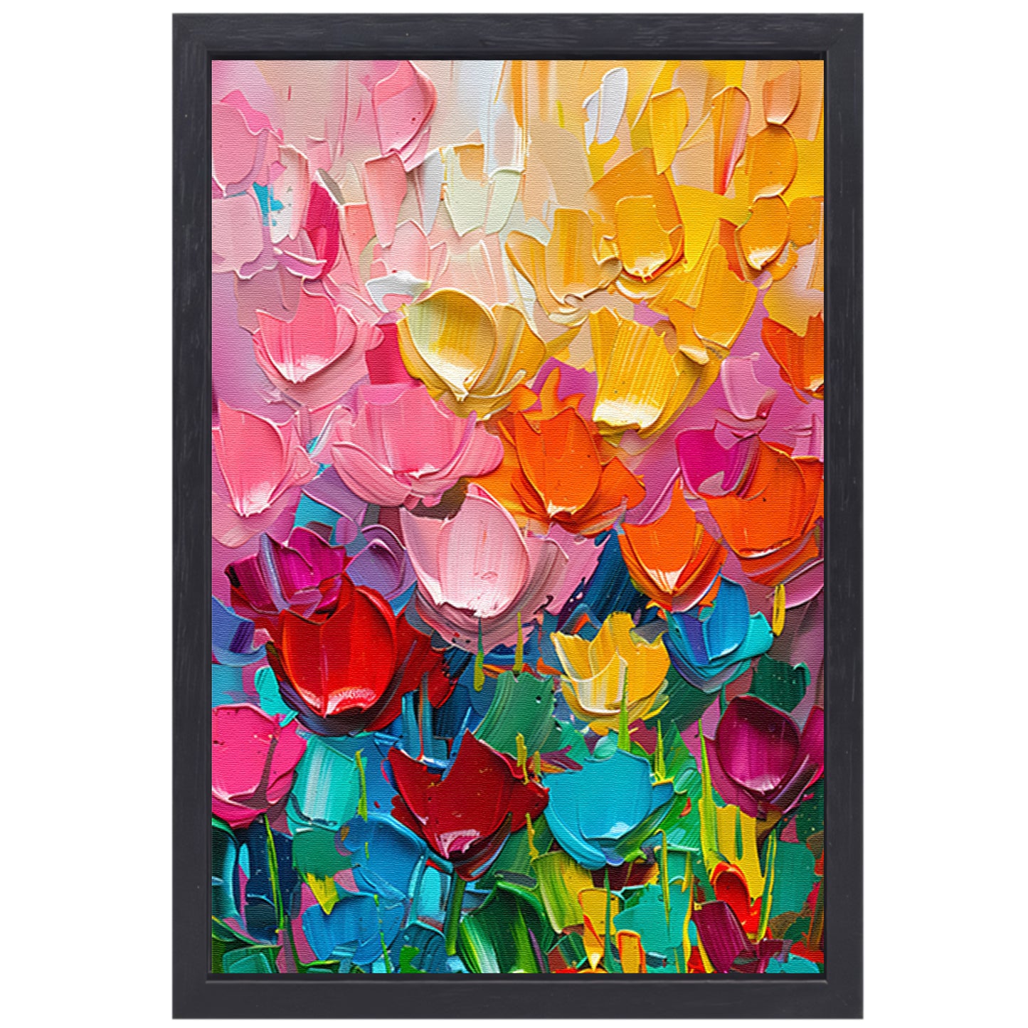 Abstract kleurrijk schilderij van bloemen canvas met baklijst