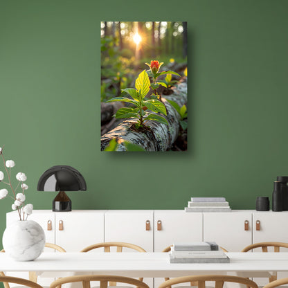 Plant groeit uit boomstam in zonlicht canvas