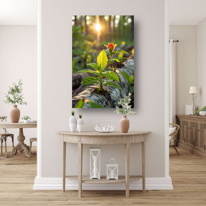 Plant groeit uit boomstam in zonlicht canvas