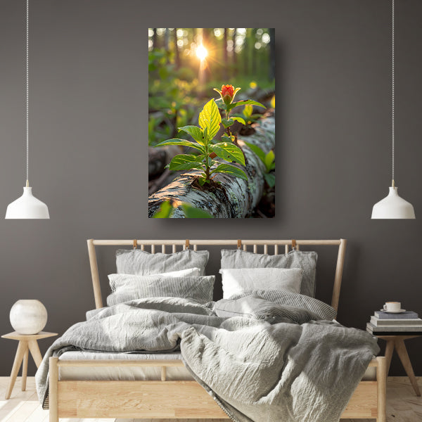Plant groeit uit boomstam in zonlicht canvas