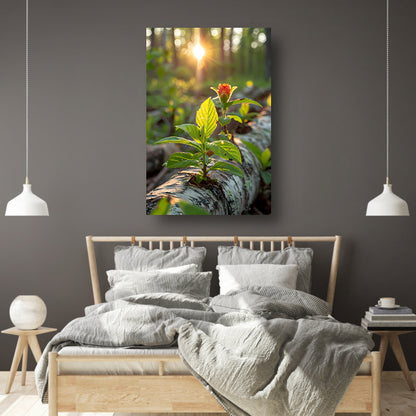 Plant groeit uit boomstam in zonlicht canvas