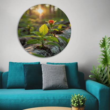 Plant groeit uit boomstam in zonlicht aluminium muurcirkel