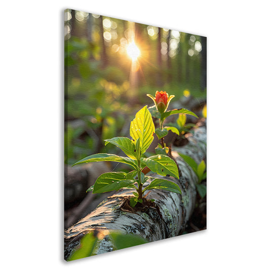 Plant groeit uit boomstam in zonlicht canvas