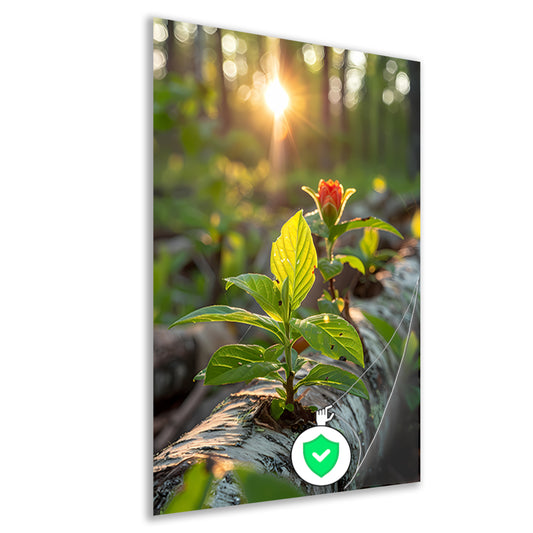 Plant groeit uit boomstam in zonlicht poster