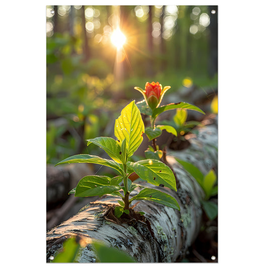 Plant groeit uit boomstam in zonlicht tuinposter