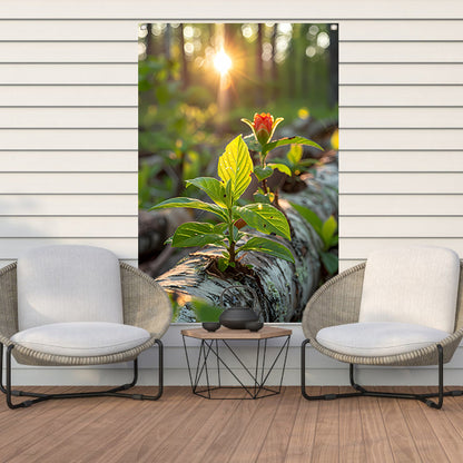 Plant groeit uit boomstam in zonlicht tuinposter