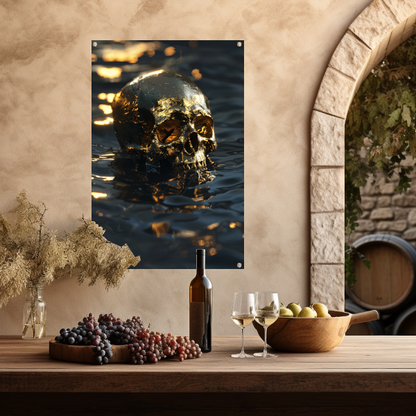 Vergulde schedel met gouden details in water tuinposter