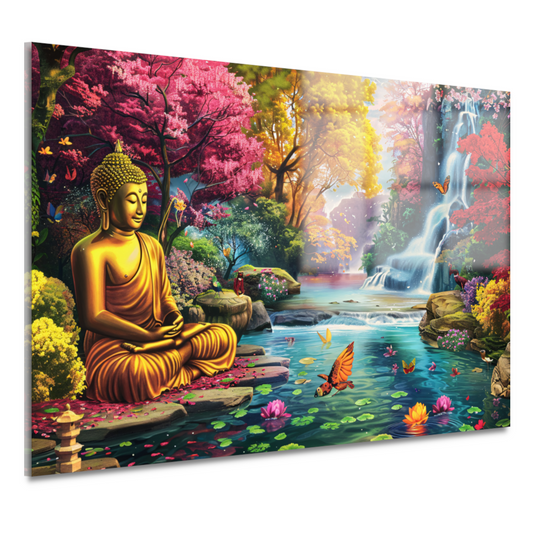 Sereniteit: Boeddha in kleurrijk natuurparadijs acrylglas