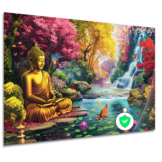 Sereniteit: Boeddha in kleurrijk natuurparadijs poster
