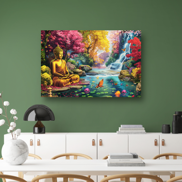 Sereniteit: Boeddha in kleurrijk natuurparadijs poster
