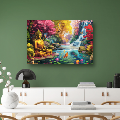 Sereniteit: Boeddha in kleurrijk natuurparadijs poster
