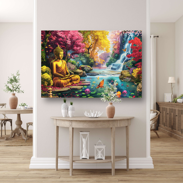 Sereniteit: Boeddha in kleurrijk natuurparadijs poster