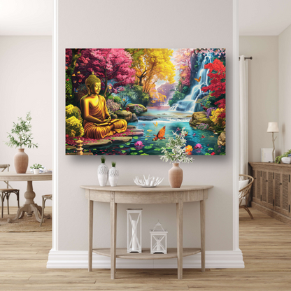 Sereniteit: Boeddha in kleurrijk natuurparadijs poster