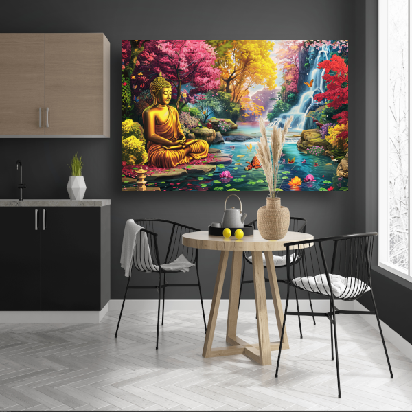 Sereniteit: Boeddha in kleurrijk natuurparadijs poster