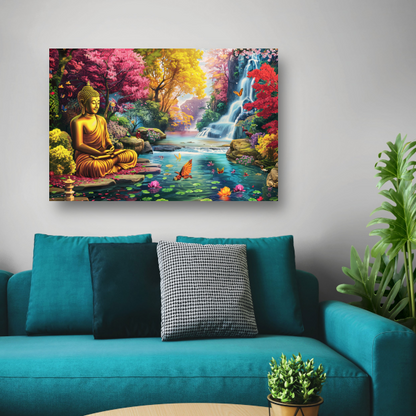 Sereniteit: Boeddha in kleurrijk natuurparadijs poster