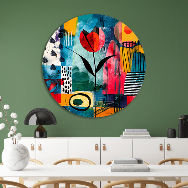 Abstracte tulpenkunst met regenmotief aluminium muurcirkel