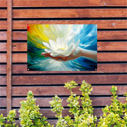 Abstracte kleurrijke bloem in een hand tuinposter