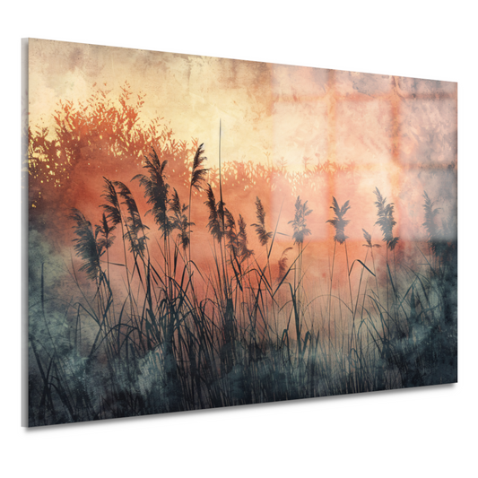 Schemerlicht over een rustig rietveld acrylglas